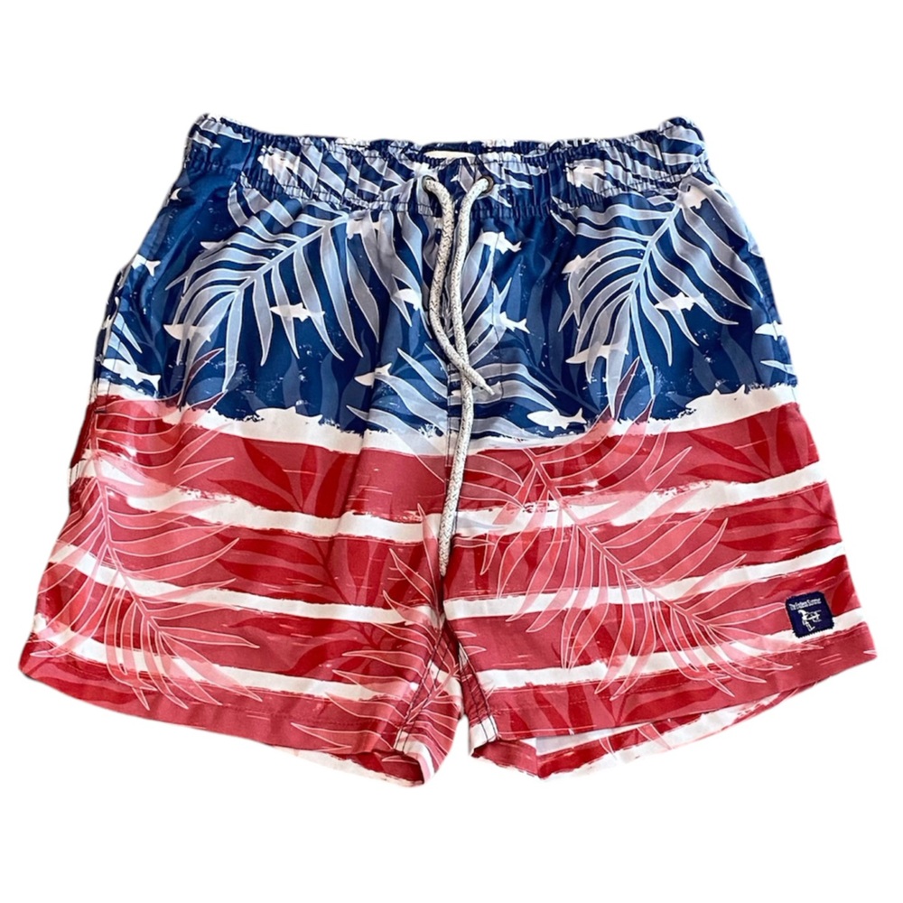 The Endless Summer men’s red white blue fish print swim trunks patriotic size S